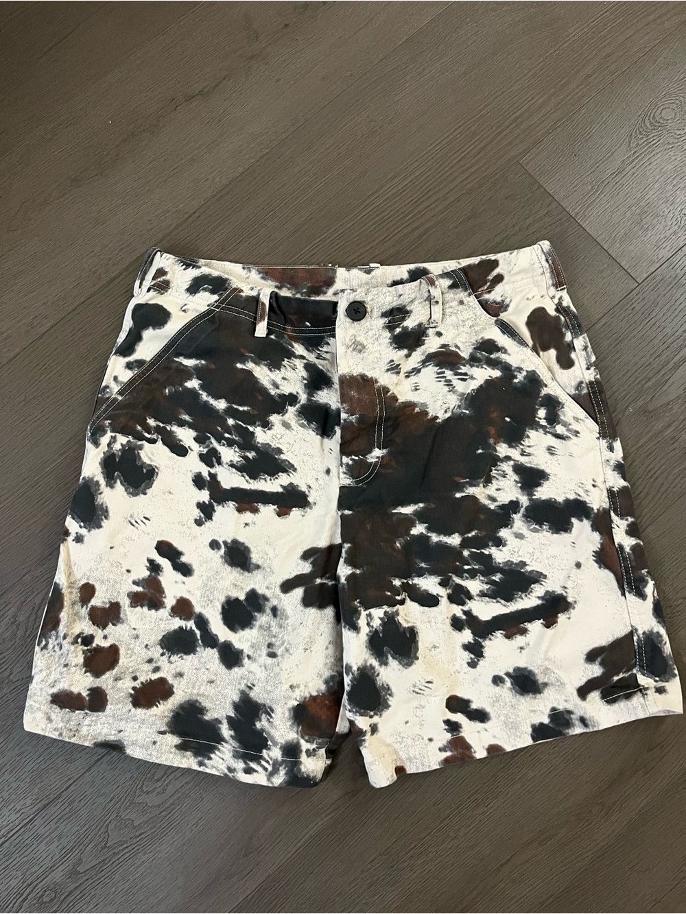 Zara Men's Cow-Print Cargo Shorts in Black Brown and White